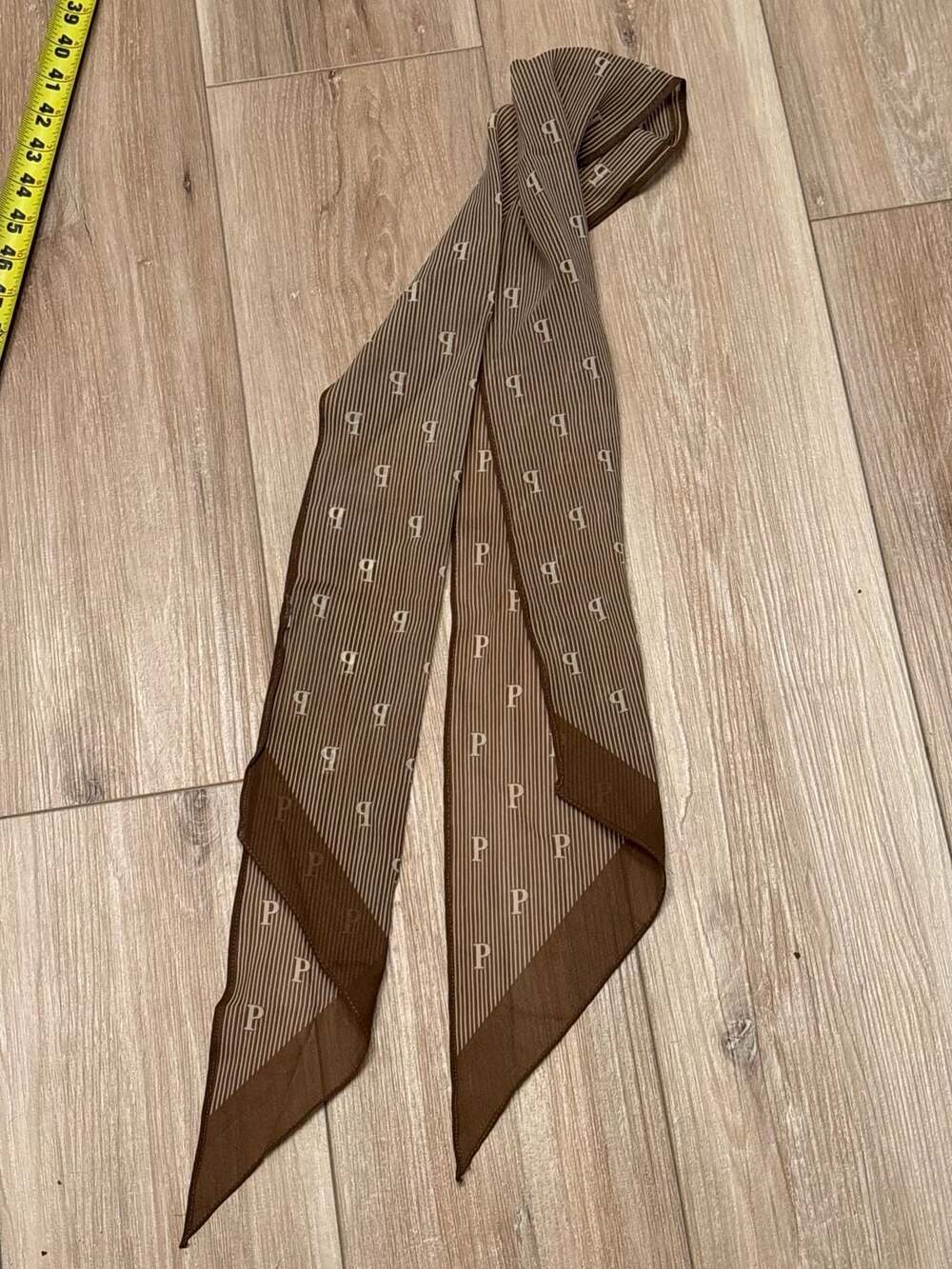 Paul Smith like Brown Silk Scarf with P Monogram and Stripes